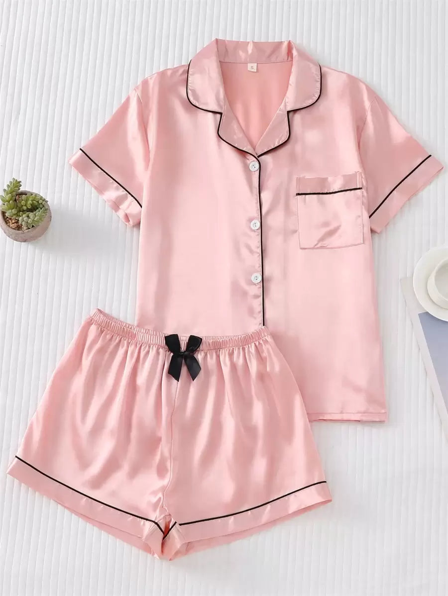 2pcs/Set Women's Satin Pajama Set With Short Sleeve Lapel Top And Bowknot Shorts, Sleepwear Loungewear