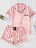 2pcs/Set Women's Satin Pajama Set With Short Sleeve Lapel Top And Bowknot Shorts, Sleepwear Loungewear