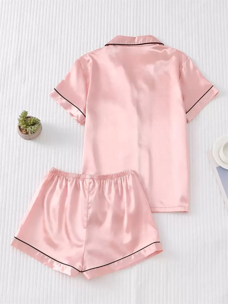 2pcs/Set Women's Satin Pajama Set With Short Sleeve Lapel Top And Bowknot Shorts, Sleepwear Loungewear - Pink