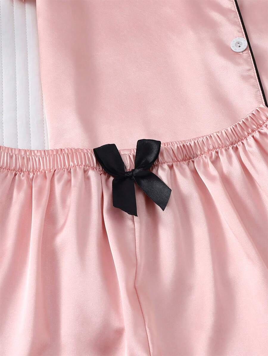 2pcs/Set Women's Satin Pajama Set With Short Sleeve Lapel Top And Bowknot Shorts, Sleepwear Loungewear - Pink