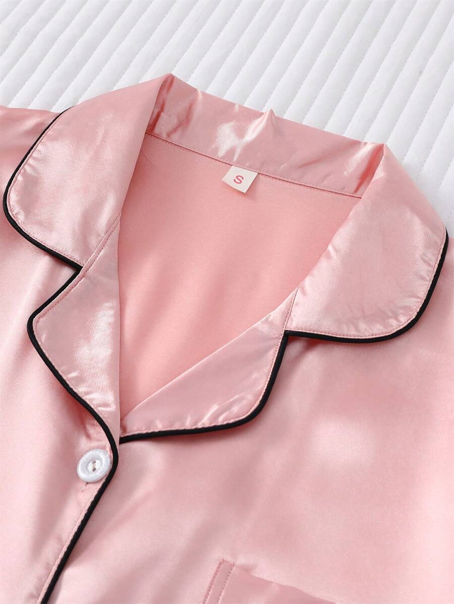 2pcs/Set Women's Satin Pajama Set With Short Sleeve Lapel Top And Bowknot Shorts, Sleepwear Loungewear - Pink
