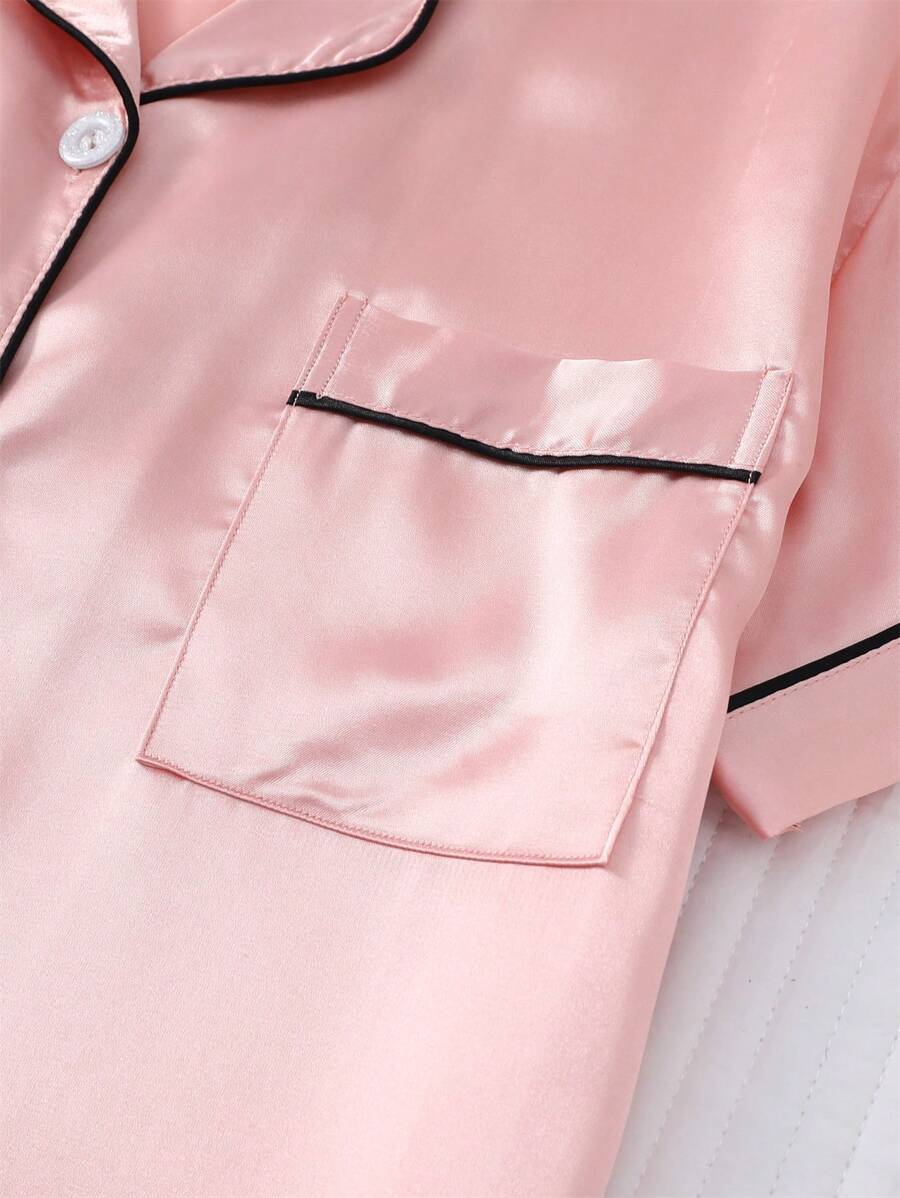 2pcs/Set Women's Satin Pajama Set With Short Sleeve Lapel Top And Bowknot Shorts, Sleepwear Loungewear - Pink