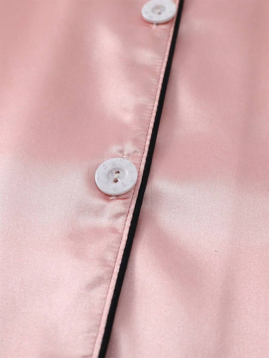 2pcs/Set Women's Satin Pajama Set With Short Sleeve Lapel Top And Bowknot Shorts, Sleepwear Loungewear - Pink
