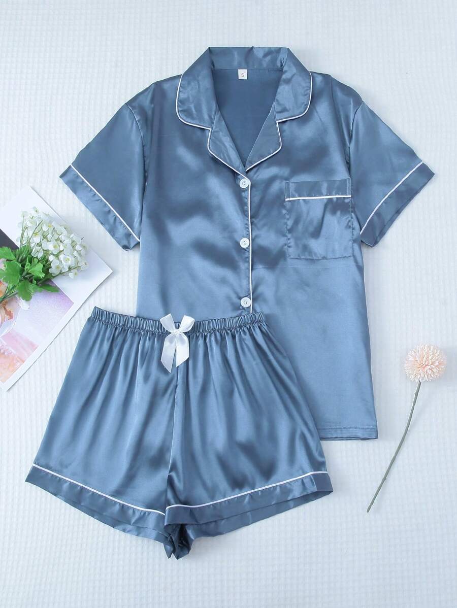 2pcs/Set Women's Satin Pajama Set With Short Sleeve Lapel Top And Bowknot Shorts, Sleepwear Loungewear - Blue