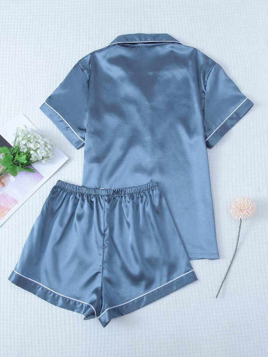2pcs/Set Women's Satin Pajama Set With Short Sleeve Lapel Top And Bowknot Shorts, Sleepwear Loungewear - Blue