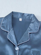 2pcs/Set Women's Satin Pajama Set With Short Sleeve Lapel Top And Bowknot Shorts, Sleepwear Loungewear - Blue