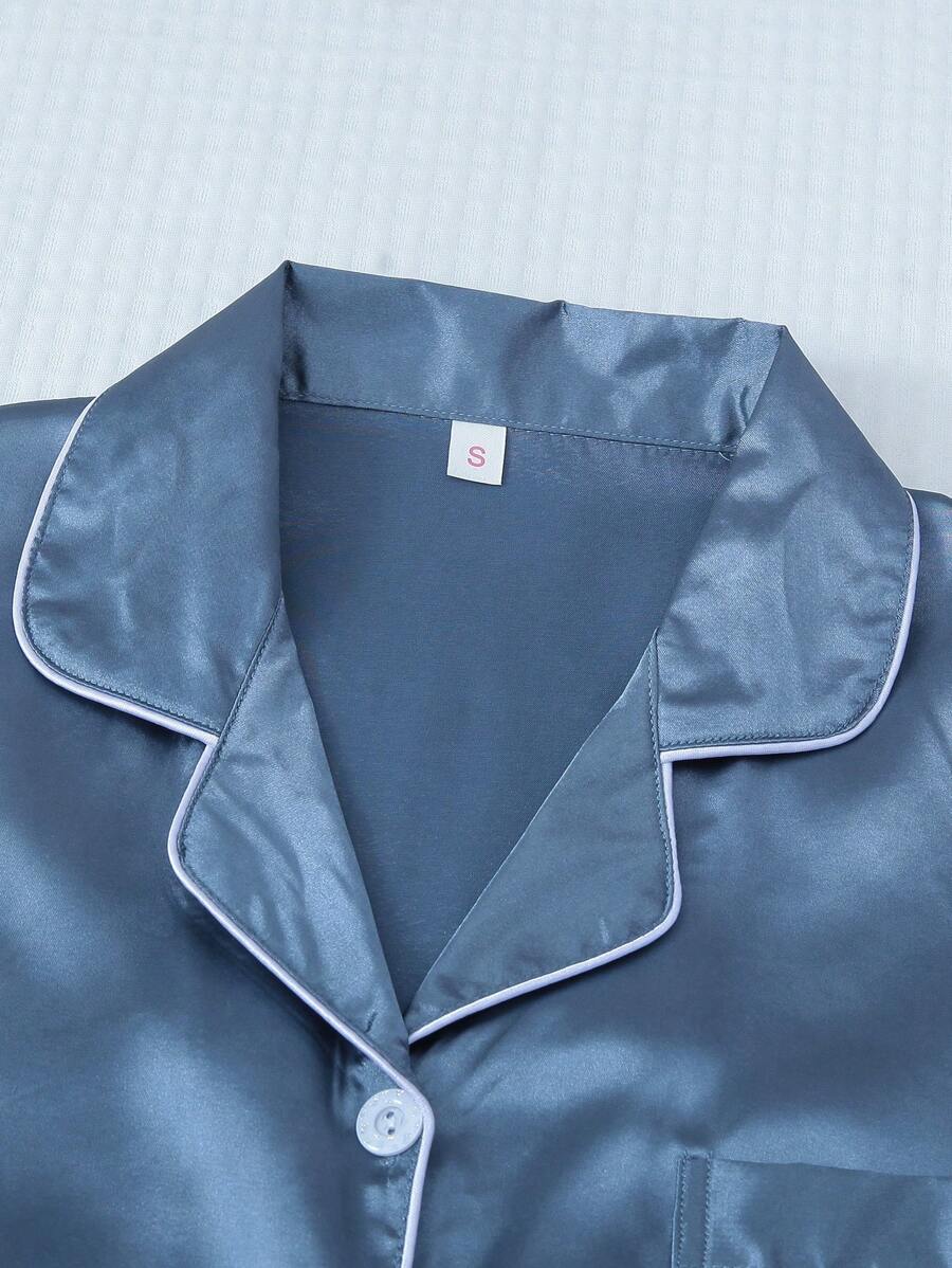 2pcs/Set Women's Satin Pajama Set With Short Sleeve Lapel Top And Bowknot Shorts, Sleepwear Loungewear - Blue