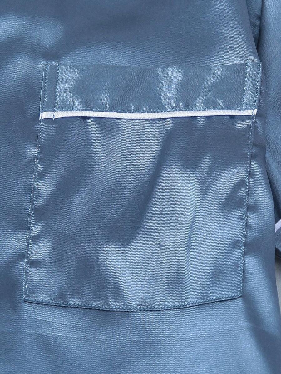 2pcs/Set Women's Satin Pajama Set With Short Sleeve Lapel Top And Bowknot Shorts, Sleepwear Loungewear - Blue