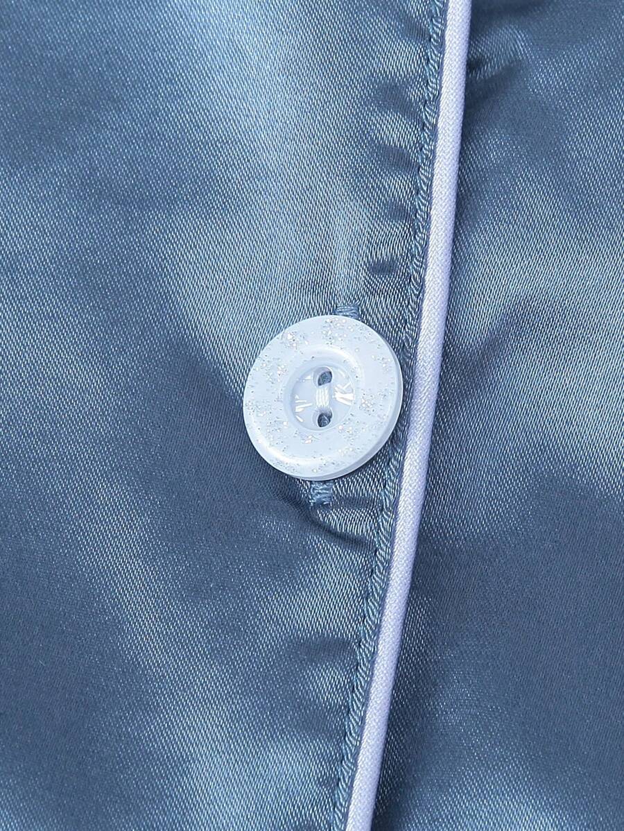 2pcs/Set Women's Satin Pajama Set With Short Sleeve Lapel Top And Bowknot Shorts, Sleepwear Loungewear - Blue