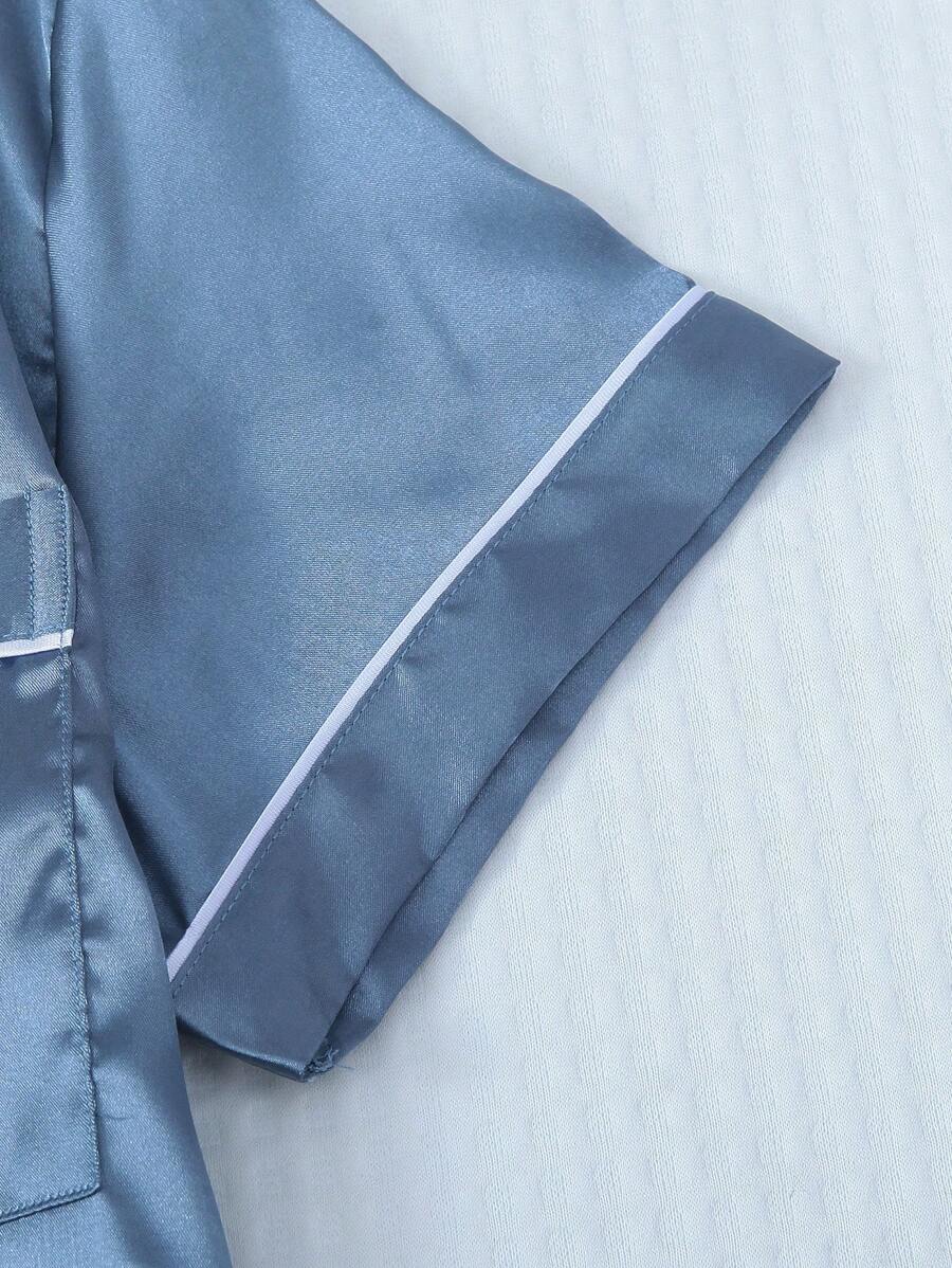 2pcs/Set Women's Satin Pajama Set With Short Sleeve Lapel Top And Bowknot Shorts, Sleepwear Loungewear - Blue