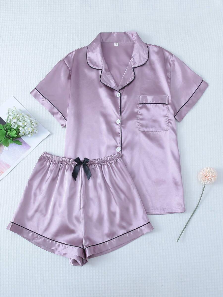 2pcs/Set Women's Satin Pajama Set With Short Sleeve Lapel Top And Bowknot Shorts, Sleepwear Loungewear - Lilac Purple