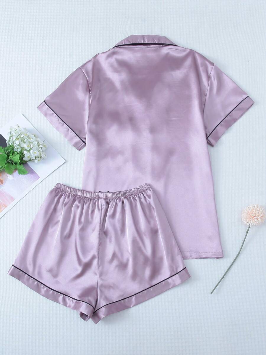 2pcs/Set Women's Satin Pajama Set With Short Sleeve Lapel Top And Bowknot Shorts, Sleepwear Loungewear - Lilac Purple