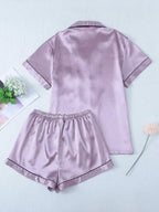 2pcs/Set Women's Satin Pajama Set With Short Sleeve Lapel Top And Bowknot Shorts, Sleepwear Loungewear - Lilac Purple