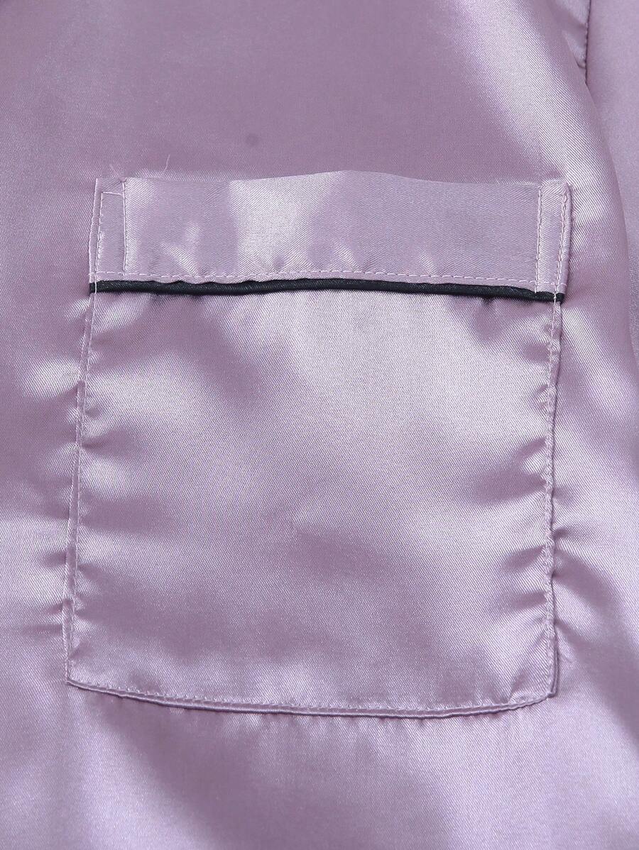 2pcs/Set Women's Satin Pajama Set With Short Sleeve Lapel Top And Bowknot Shorts, Sleepwear Loungewear - Lilac Purple