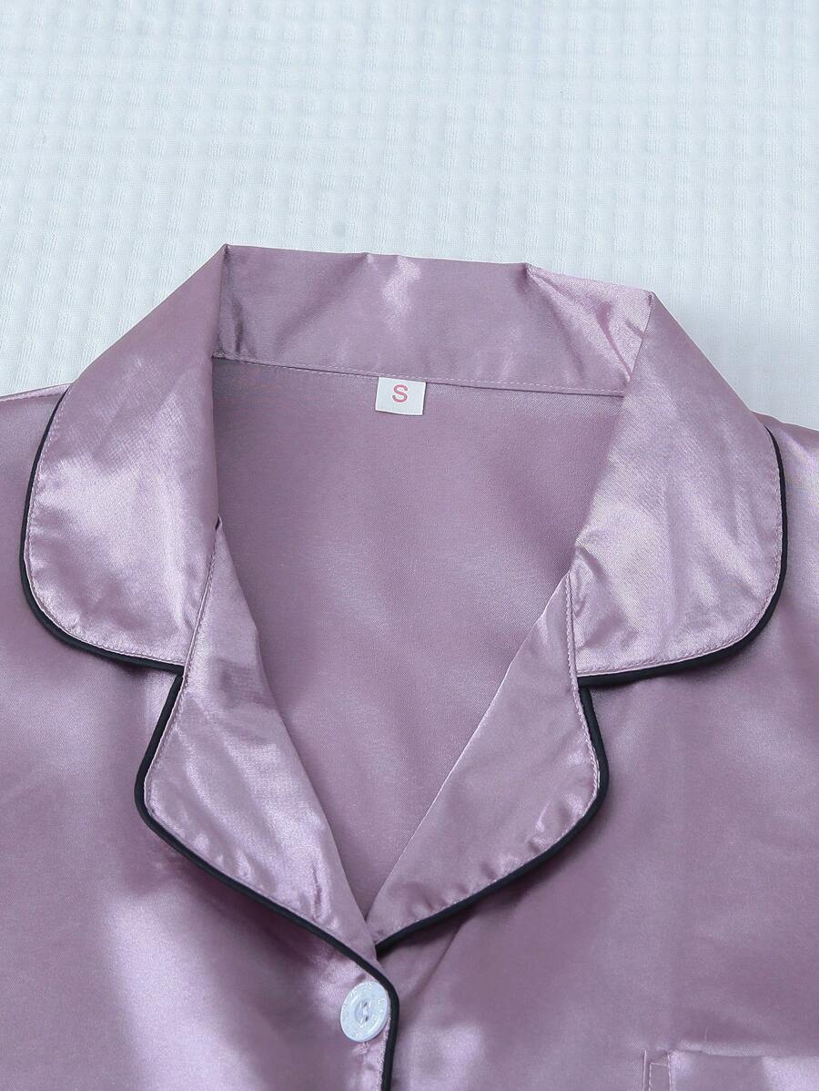 2pcs/Set Women's Satin Pajama Set With Short Sleeve Lapel Top And Bowknot Shorts, Sleepwear Loungewear - Lilac Purple