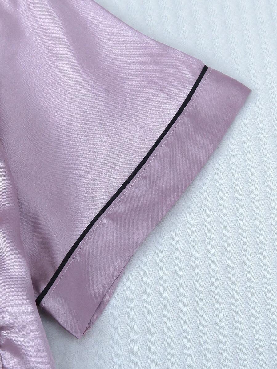 2pcs/Set Women's Satin Pajama Set With Short Sleeve Lapel Top And Bowknot Shorts, Sleepwear Loungewear - Lilac Purple