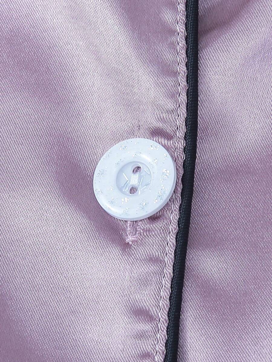 2pcs/Set Women's Satin Pajama Set With Short Sleeve Lapel Top And Bowknot Shorts, Sleepwear Loungewear - Lilac Purple