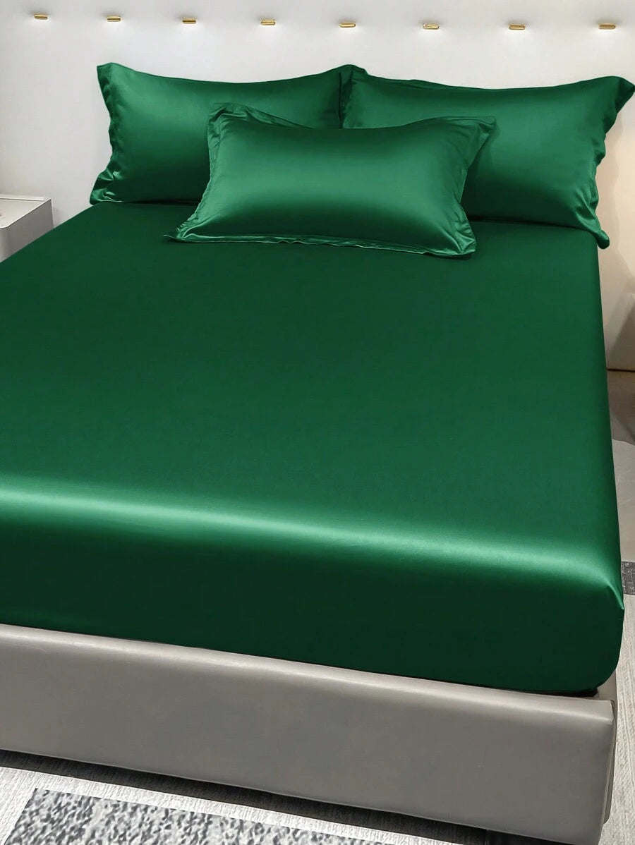 1pc Satin Solid Color Fitted Sheet And 1pc Bedroom Ice Silk Bed Cover, Bedding - Multicolor