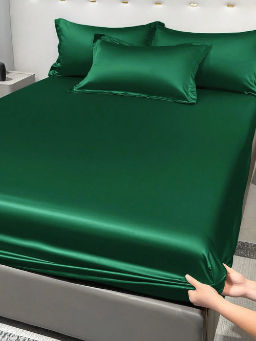 1pc Satin Solid Color Fitted Sheet And 1pc Bedroom Ice Silk Bed Cover, Bedding - Multicolor