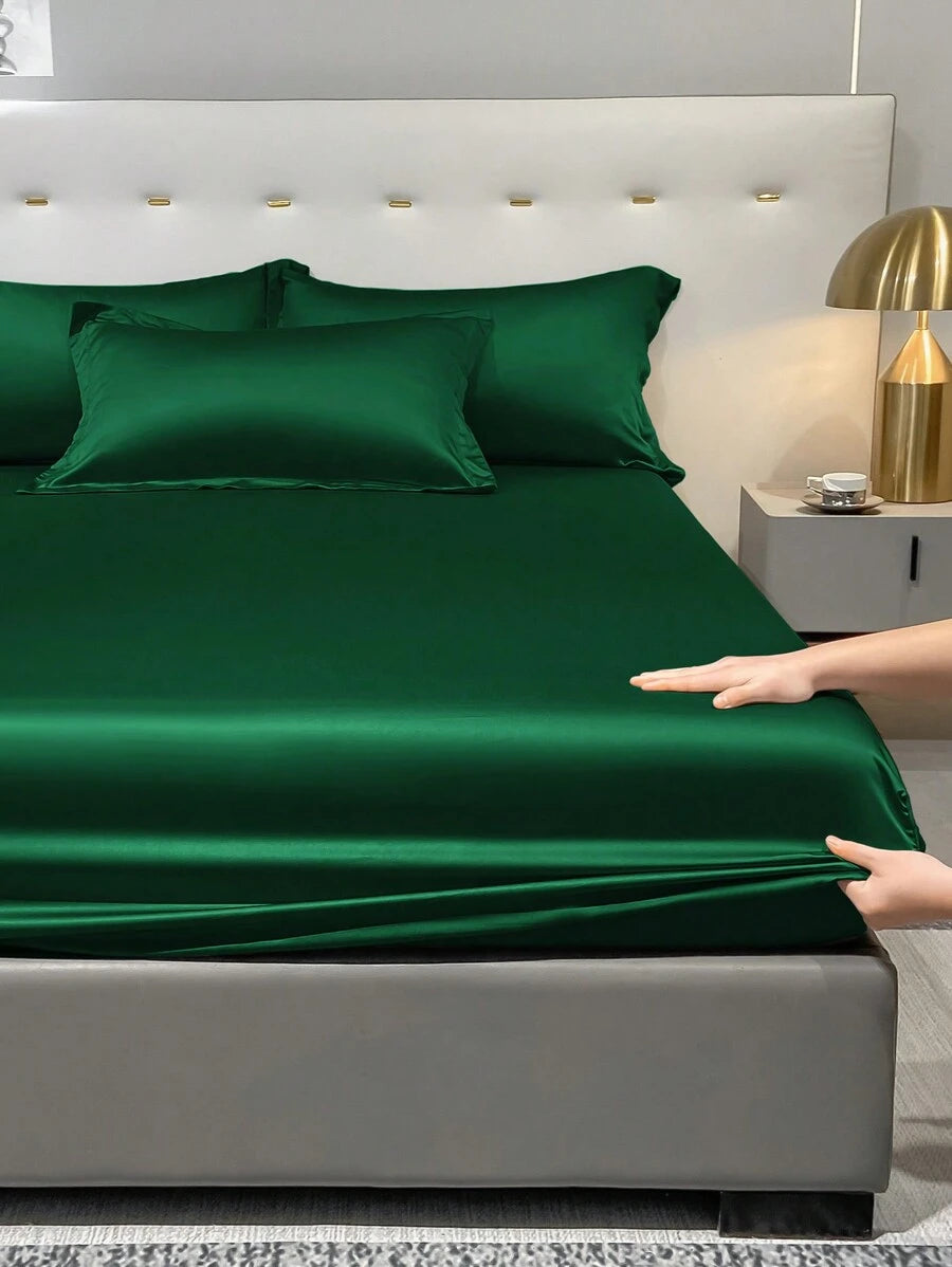 1pc Satin Solid Color Fitted Sheet And 1pc Bedroom Ice Silk Bed Cover, Bedding - Multicolor