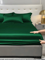 1pc Satin Solid Color Fitted Sheet And 1pc Bedroom Ice Silk Bed Cover, Bedding - Multicolor