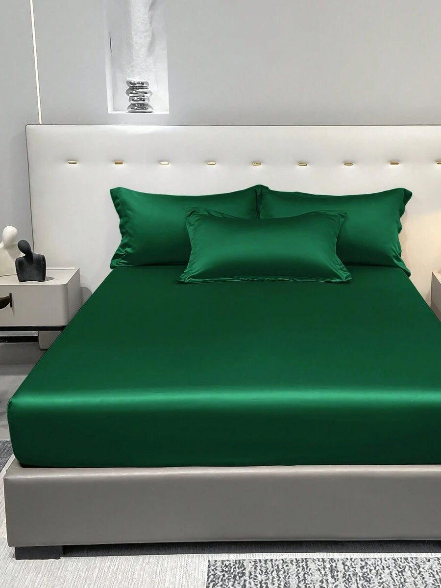 1pc Satin Solid Color Fitted Sheet And 1pc Bedroom Ice Silk Bed Cover, Bedding - Multicolor