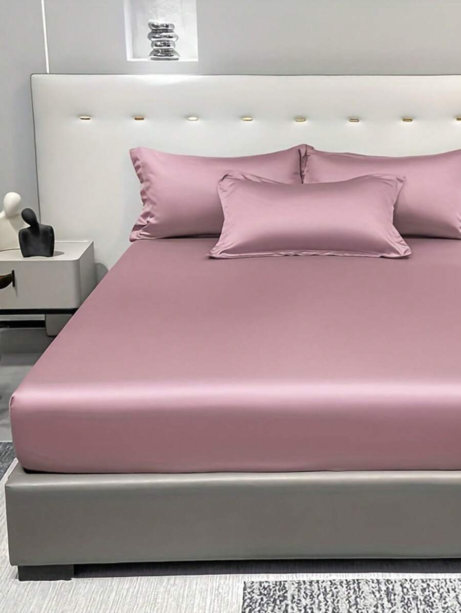 1pc Satin Solid Color Fitted Sheet And 1pc Bedroom Ice Silk Bed Cover, Bedding - Multicolor 2