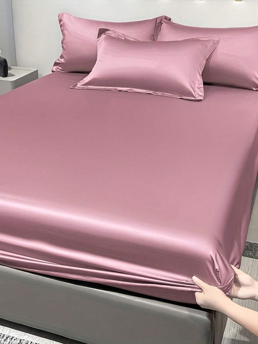 1pc Satin Solid Color Fitted Sheet And 1pc Bedroom Ice Silk Bed Cover, Bedding - Multicolor 2