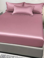 1pc Satin Solid Color Fitted Sheet And 1pc Bedroom Ice Silk Bed Cover, Bedding - Multicolor 2