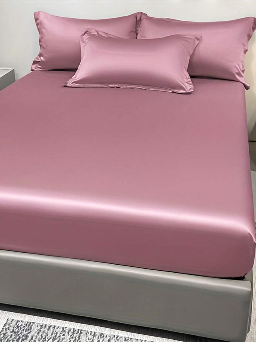 1pc Satin Solid Color Fitted Sheet And 1pc Bedroom Ice Silk Bed Cover, Bedding - Multicolor 2