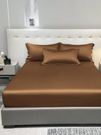 1pc Satin Solid Color Fitted Sheet And 1pc Bedroom Ice Silk Bed Cover, Bedding - Multicolor 3