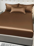 1pc Satin Solid Color Fitted Sheet And 1pc Bedroom Ice Silk Bed Cover, Bedding - Multicolor 3