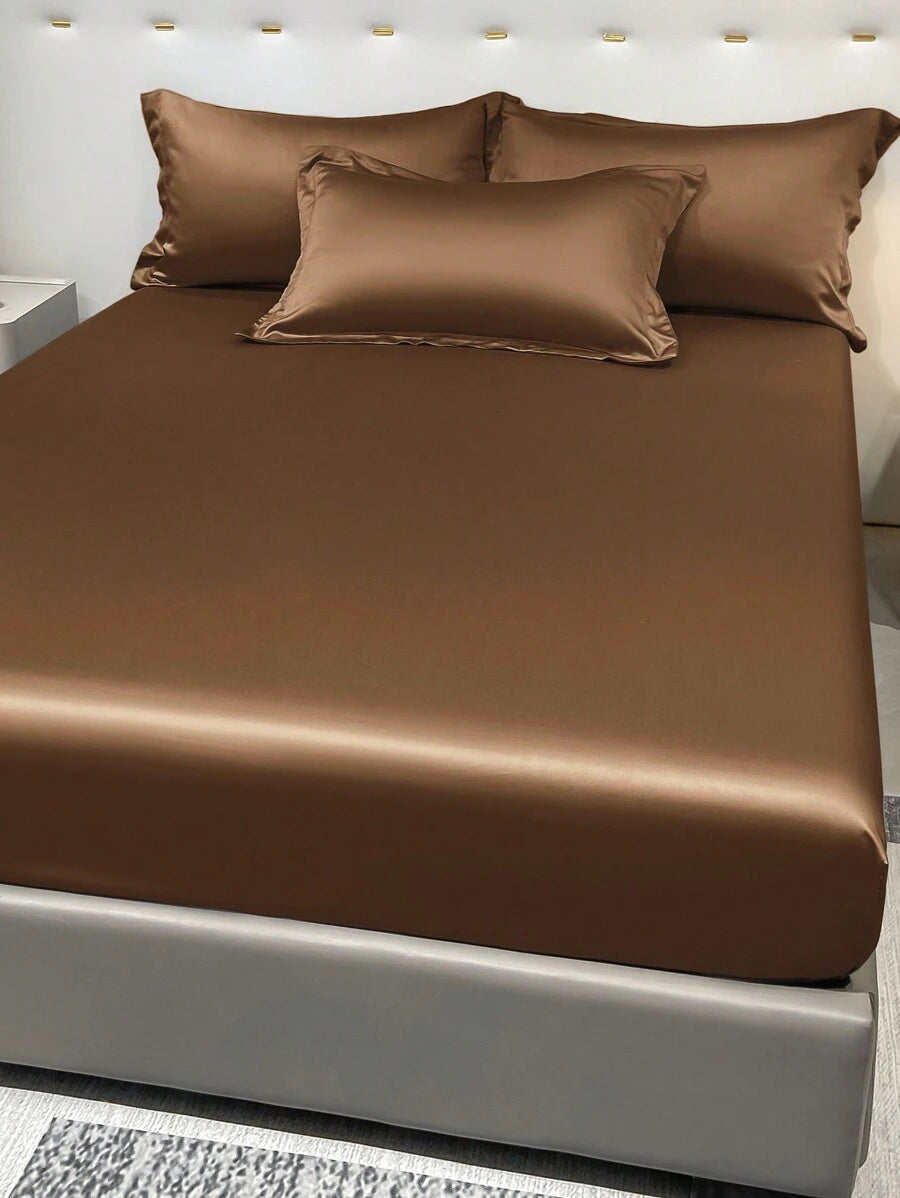 1pc Satin Solid Color Fitted Sheet And 1pc Bedroom Ice Silk Bed Cover, Bedding - Multicolor 3