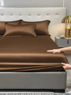 1pc Satin Solid Color Fitted Sheet And 1pc Bedroom Ice Silk Bed Cover, Bedding - Multicolor 3