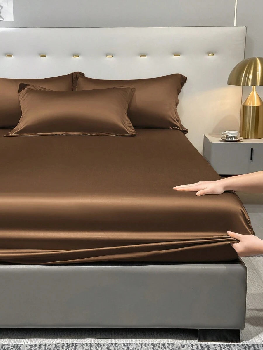 1pc Satin Solid Color Fitted Sheet And 1pc Bedroom Ice Silk Bed Cover, Bedding - Multicolor 3