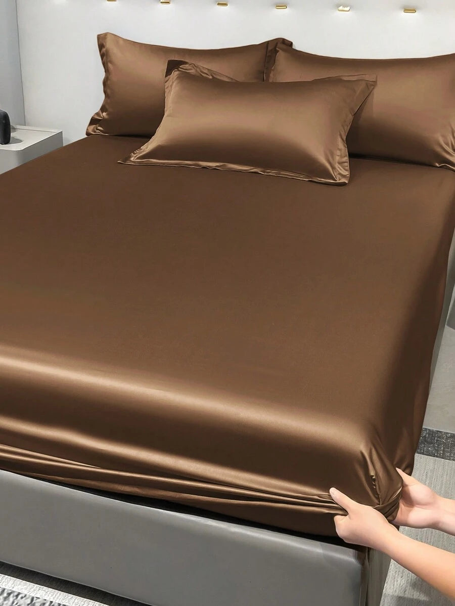 1pc Satin Solid Color Fitted Sheet And 1pc Bedroom Ice Silk Bed Cover, Bedding - Multicolor 3