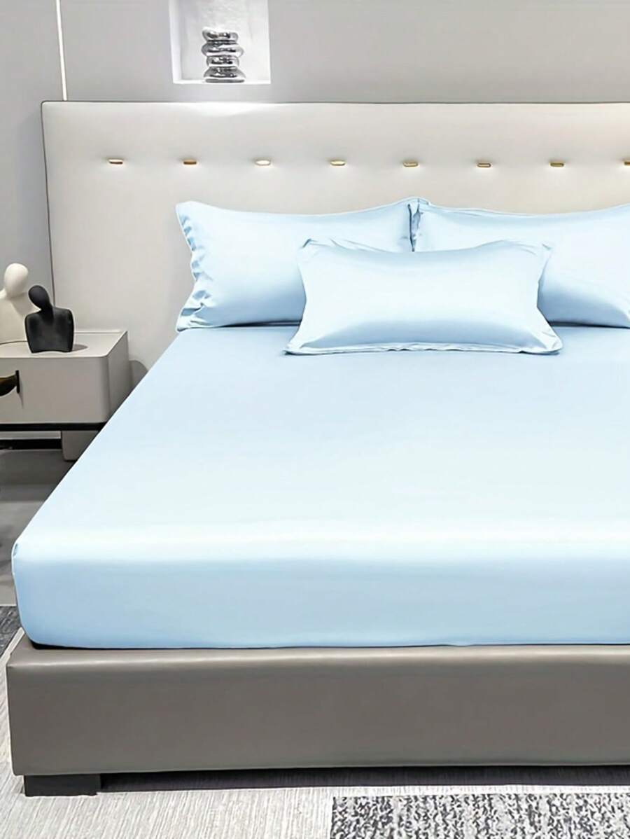 1pc Satin Solid Color Fitted Sheet And 1pc Bedroom Ice Silk Bed Cover, Bedding - Multicolor 4