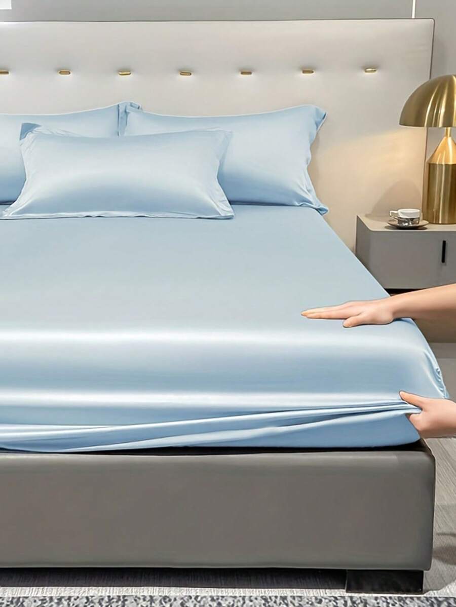 1pc Satin Solid Color Fitted Sheet And 1pc Bedroom Ice Silk Bed Cover, Bedding - Multicolor 4