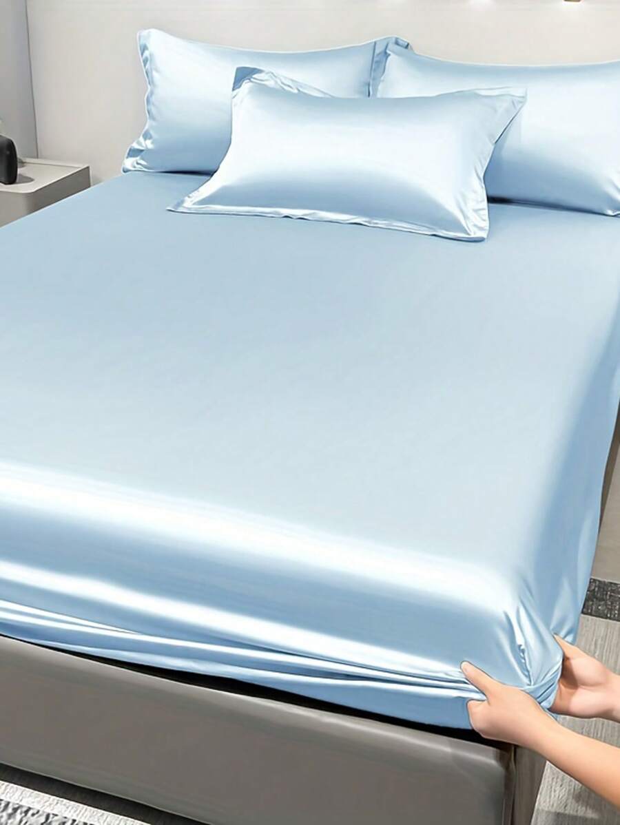 1pc Satin Solid Color Fitted Sheet And 1pc Bedroom Ice Silk Bed Cover, Bedding - Multicolor 4