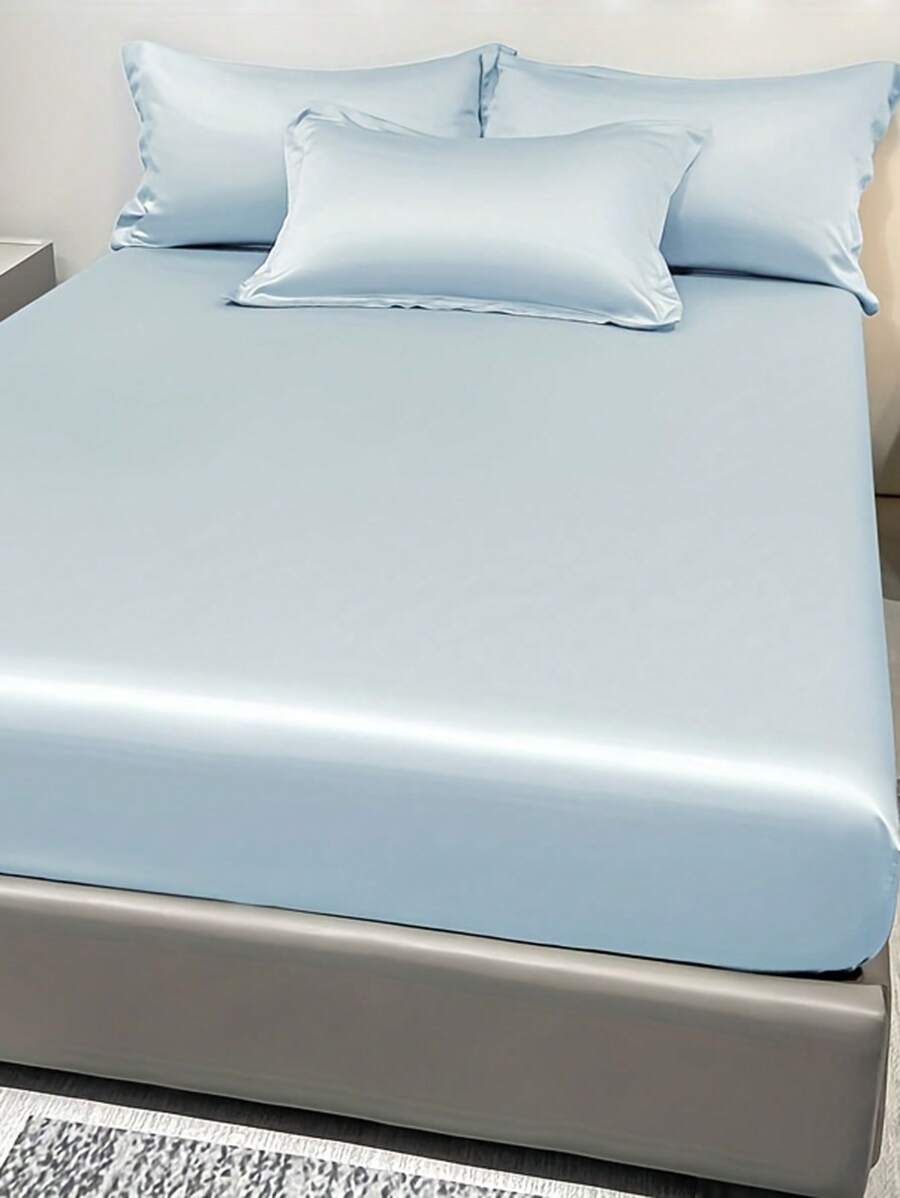 1pc Satin Solid Color Fitted Sheet And 1pc Bedroom Ice Silk Bed Cover, Bedding - Multicolor 4