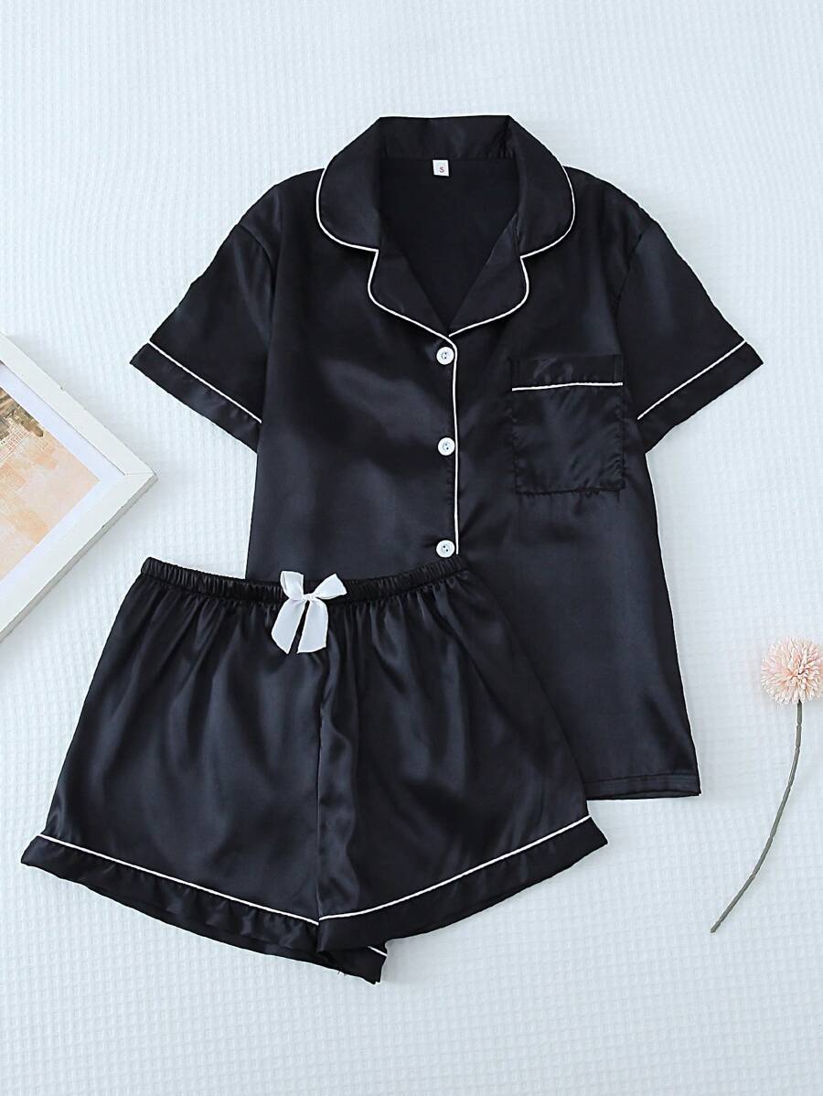 2pcs/Set Women's Satin Pajama Set With Short Sleeve Lapel Top And Bowknot Shorts, Sleepwear Loungewear - Black