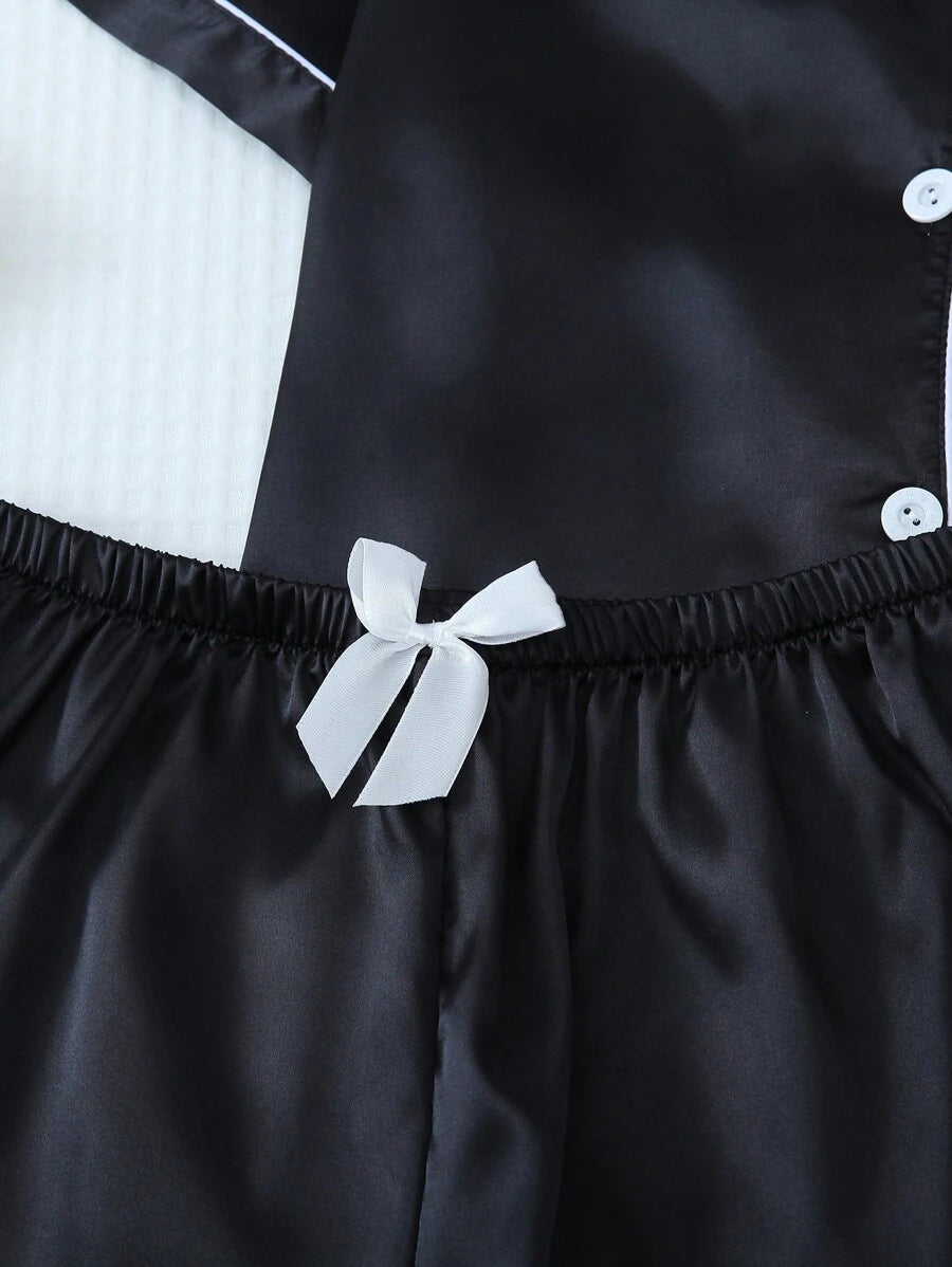 2pcs/Set Women's Satin Pajama Set With Short Sleeve Lapel Top And Bowknot Shorts, Sleepwear Loungewear - Black