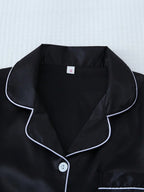 2pcs/Set Women's Satin Pajama Set With Short Sleeve Lapel Top And Bowknot Shorts, Sleepwear Loungewear - Black