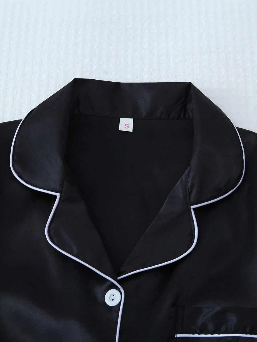 2pcs/Set Women's Satin Pajama Set With Short Sleeve Lapel Top And Bowknot Shorts, Sleepwear Loungewear - Black