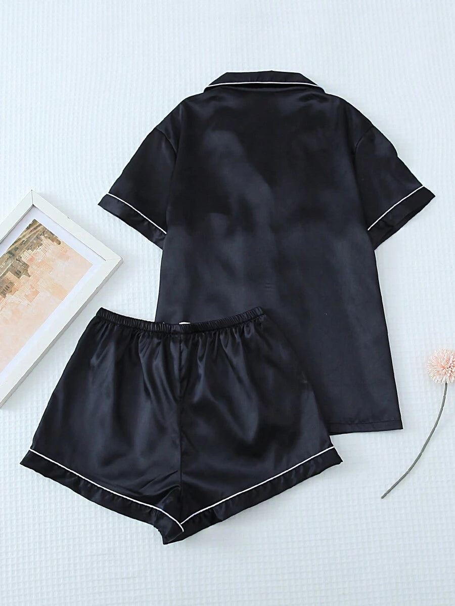 2pcs/Set Women's Satin Pajama Set With Short Sleeve Lapel Top And Bowknot Shorts, Sleepwear Loungewear - Black