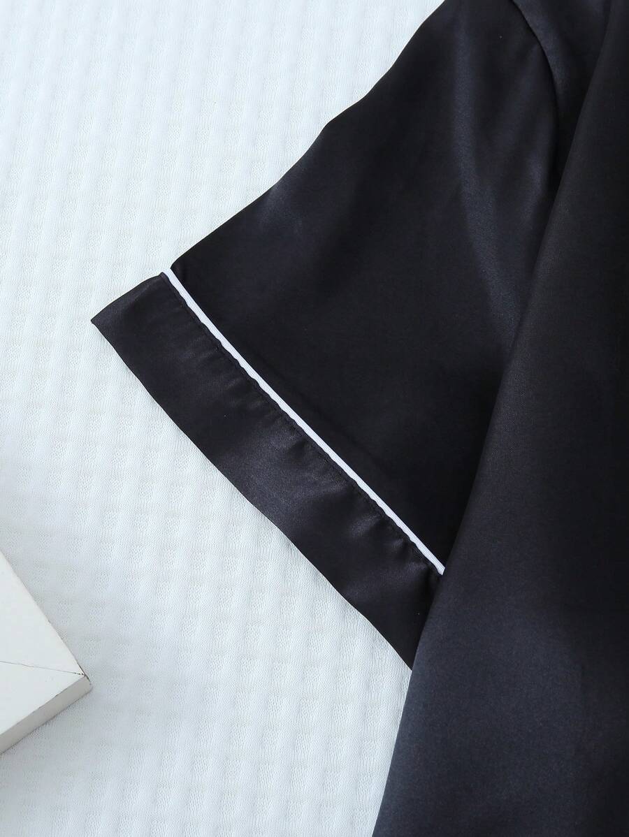 2pcs/Set Women's Satin Pajama Set With Short Sleeve Lapel Top And Bowknot Shorts, Sleepwear Loungewear - Black