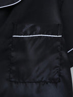 2pcs/Set Women's Satin Pajama Set With Short Sleeve Lapel Top And Bowknot Shorts, Sleepwear Loungewear - Black