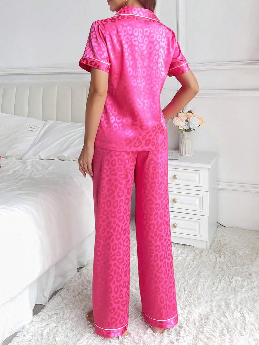 LuxeNights Casual Satin Pajamas With All Over Print And Lapel For Luxurious Lounging, Sleepwear Sets For Women, Leopard Print Pajama Set - Hot Pink