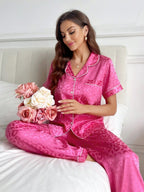 LuxeNights Casual Satin Pajamas With All Over Print And Lapel For Luxurious Lounging, Sleepwear Sets For Women, Leopard Print Pajama Set - Hot Pink