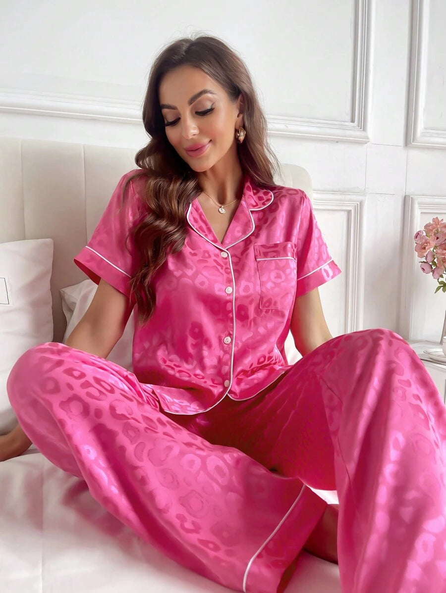 LuxeNights Casual Satin Pajamas With All Over Print And Lapel For Luxurious Lounging, Sleepwear Sets For Women, Leopard Print Pajama Set - Hot Pink